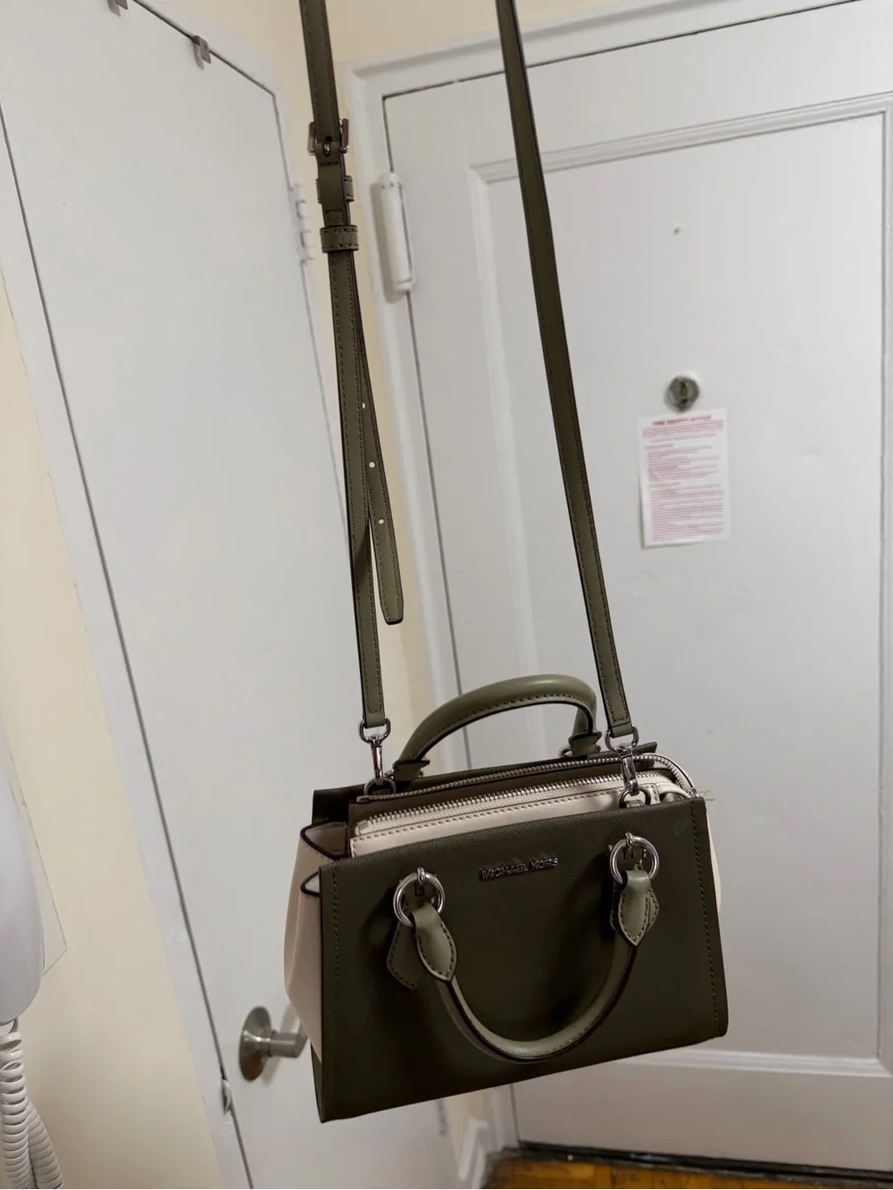 MK Olive Green Two-Tone Women's Satchel with Crossbody Strap